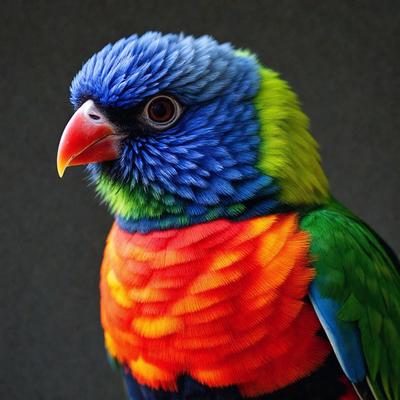 The primary subject of the image is a colorful bird with a mix of blue, green, yellow, and red colors. The bird is perched on a surface, possibly a branch or a table, and appears to be looking at the camera. The setting or background of the image is a dark or black surface, which contrasts with the vibrant colors of the bird. The visual style of the image is a close-up of the bird, showcasing its unique and eye-catching plumage. The colors and m